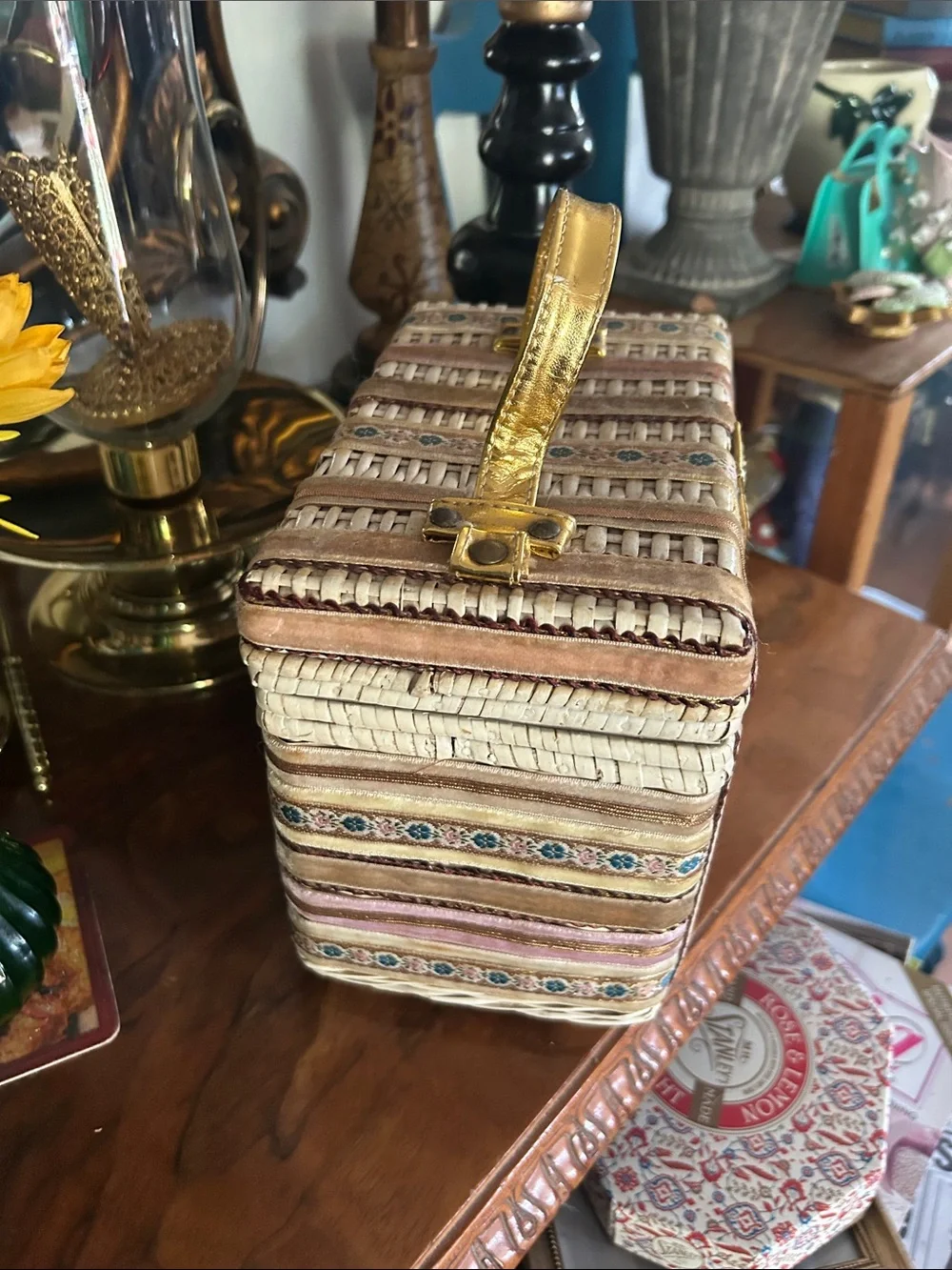 Vintage Woven Wicker Box Handbag with Ribbon Trim